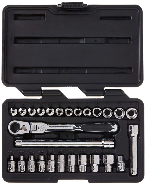 27 Piece 1/4 In Drive Pass-Thru Mechanics Tool Set With 6 Pt Sockets SAE Metric Standard GearRatchet System And 5 Degree Ratcheting Arc