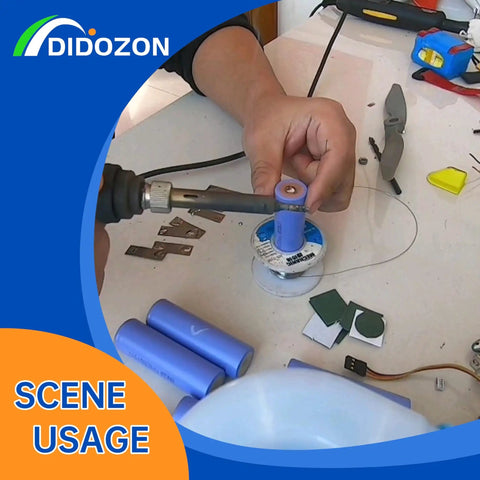 Person using soldering iron with No Clean Liquid Solder Flux Dropper for electrical repair on table with components.