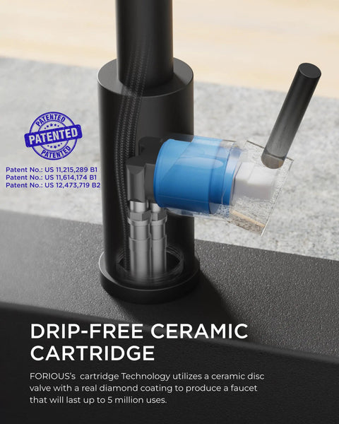 Heavy Duty Matte Black Kitchen Sink Faucet Pull Down Sprayer High Arc Swing Spout cartridge detail showing drip-free ceramic technology.