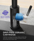 Detail of High Performance Slick Black Kitchen Faucet with Heavy Duty Pull Down Sprayer and Integrated Soap Dispenser showing drip-free ceramic cartridge technology.