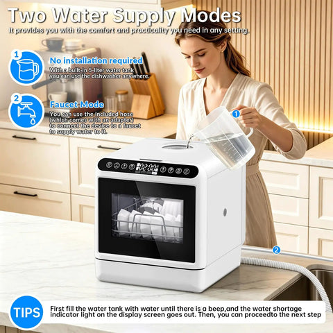 Sleek Portable Countertop Dishwasher Packed With A Built In Five Liter Water Tank, woman pouring water into unit.