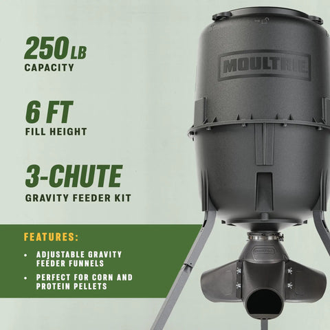 Moultrie 250 Lb Gravity Deer Feeder Tripod With Heavy Duty Hopper For Corn And Protein Pellets Battery Free Design Reduces Refill Frequency And Ensures Consistent Wildlife Feeding In The Outdoors Best For Hunters