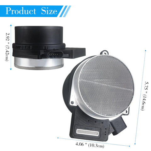 Mass Air Flow Sensor Replacement For GM Silverado Suburban Escalade Tahoe Yukon Sierra 1500 2500 3500 Pontiac 05 06 OE 2134160 86 8411 25318411 MAF Sensor Direct Drop In Fit For Cars And Trucks, showing dimensions and side view.