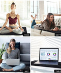Four images showing a grounding mat used for yoga, on a mattress, as a sitting mat, and as a table mat with a laptop, size 23.6x13 inch.