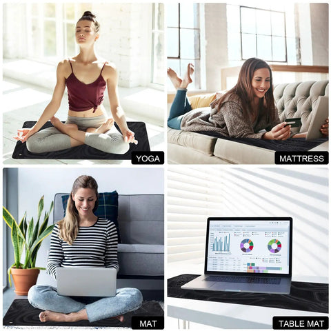 Four images showing a grounding mat used for yoga, on a mattress, as a sitting mat, and as a table mat with a laptop, size 23.6x13 inch.