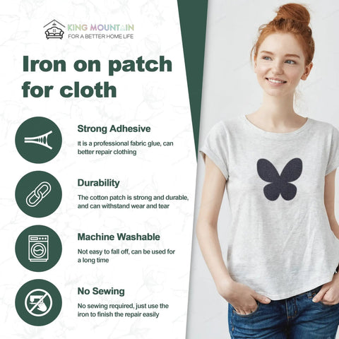 Woman wearing T-shirt with butterfly patch, text about iron on patch for cloth, strong adhesive, and machine washable features