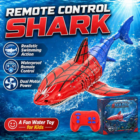 Remote Control Shark Toy For Kids Rad Totally Dual Motors RC Shark With Waterproof Remote LED Eyes Pool Toy Gift For Boys And Girls Ages 4 To 12 Birthday, shown with packaging and remote.