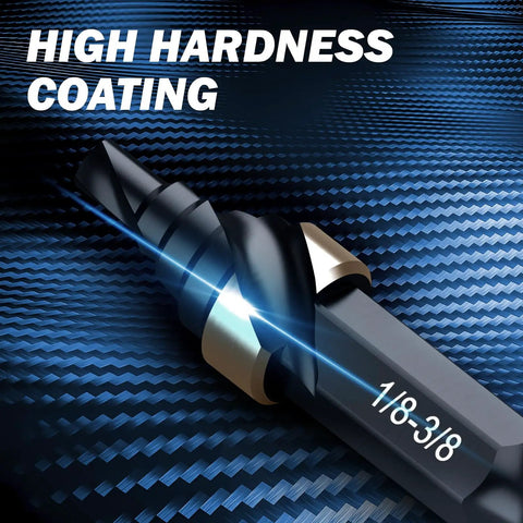 Durable Spiral Flute Step Drill Bit Set, DIY Friendly, 4 Piece HSS Unibit Range From One Eighth To Five Eighths Inch, With One Quarter Inch Shank For Metal Aluminum Steel Wood Plastic Thinkwork, shown in close-up view highlighting its high-hardness coating and size marking.