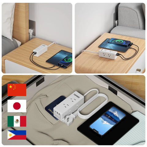 Dope Surge Protector Power Strip With 5 Outlets And 4 USB Ports Including USB C Quick Charge 3A on nightstand and in luggage