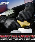 Hardcore Black Nitrile Gloves, Commercial Grade Automotive Mechanic And Garage Workwear, 6 Mil Thick Disposable Shop Gloves With Top Shelf Durability And Slip Resistant Grip, Large Size, 100 Count Box worn by an individual working on a car.