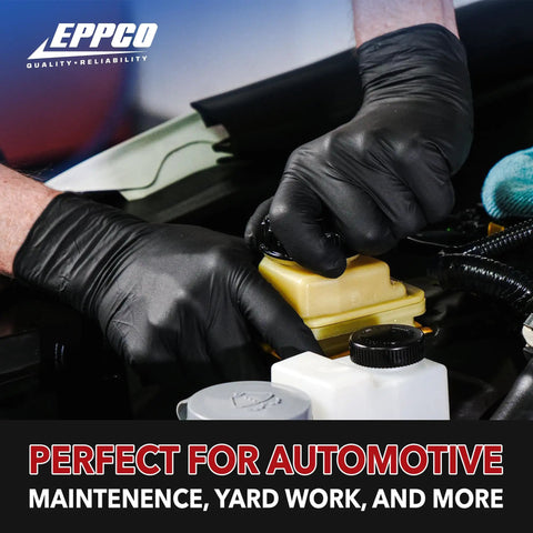 Hardcore Black Nitrile Gloves, Commercial Grade Automotive Mechanic And Garage Workwear, 6 Mil Thick Disposable Shop Gloves With Top Shelf Durability And Slip Resistant Grip, Large Size, 100 Count Box worn by an individual working on a car.