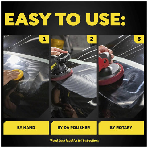 Using Ultra Cut Car Compound For Heavy Scratches And Swirls Removal on glossy paint by hand, DA polisher, and rotary.