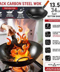 Chef using 13.5 Inch Carbon Steel Wok Pan Pre Seasoned Flat Bottom Wok For Stir Fry Grilling BBQ Camping No Fuss Outdoor Cooking