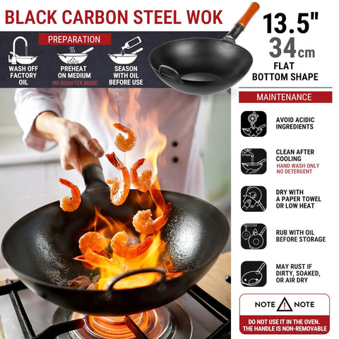 Chef using 13.5 Inch Carbon Steel Wok Pan Pre Seasoned Flat Bottom Wok For Stir Fry Grilling BBQ Camping No Fuss Outdoor Cooking