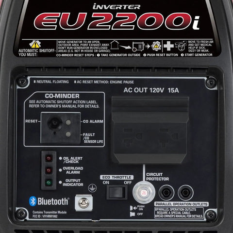 Close-up control panel of Honda EU2200i 2200 Watt Inverter Generator Quiet Portable Power For Camping RV And Home Backup Go-To Gas Powered Ultra Quiet Run Time Up To 8.1 Hours Safe For Microwaves Refrigerators Hair Dryers And More