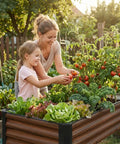 Mother and daughter planting in 2 Pack Elevated Metal Raised Garden Bed With Legs 48 By 18 By 32 Inches Outdoor Planter Boxes