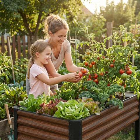 Mother and daughter planting in 2 Pack Elevated Metal Raised Garden Bed With Legs 48 By 18 By 32 Inches Outdoor Planter Boxes