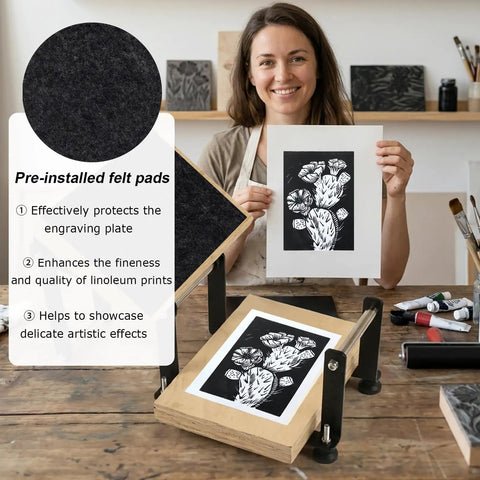 Versatile Hand Lever Linocut Printing Press With Rubber Roller And Felt Pad Handy For Linocut And Woodcut Projects in use