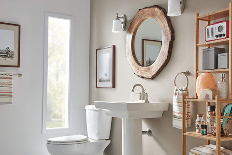 Modern bathroom with Westchester One Handle Bathroom Faucet Brushed Nickel, Modern Timeless Style on pedestal sink, mirror view