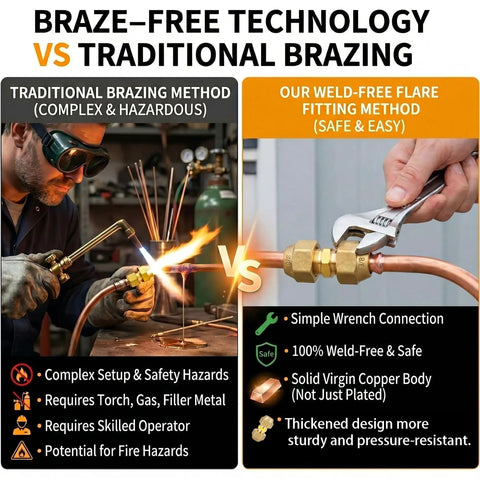 Comparison of traditional brazing vs our weld-free flare fitting method, showcasing copper pipe connectors and tools.