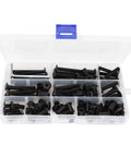 M6 Furniture Connector Bolts And Barrel Nuts Set Black Zinc Plated Phillips Drive 70 Piece DIY Kit in storage box with compartments.