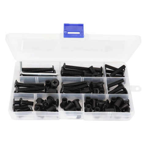 M6 Furniture Connector Bolts And Barrel Nuts Set Black Zinc Plated Phillips Drive 70 Piece DIY Kit in storage box with compartments.