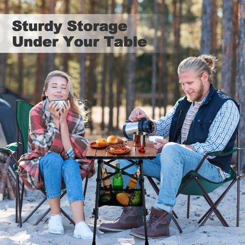 Couple using Portable Camping Table With Adjustable Height From 15.8 To 22 Inches Folding Outdoor Table With Storage Bag.
