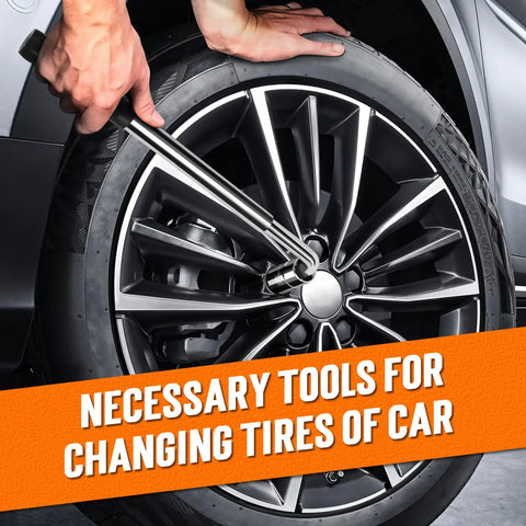 Telescoping Lug Wrench Kit With 1/2 Drive And Dual End Sockets 17/19mm And 21/23mm in use on car tire for nut removal