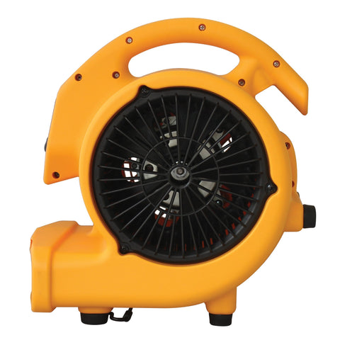 Front view of yellow Mini Mighty 1/5 HP 800 CFM Centrifugal Air Mover with stackable design for drying and restoration use