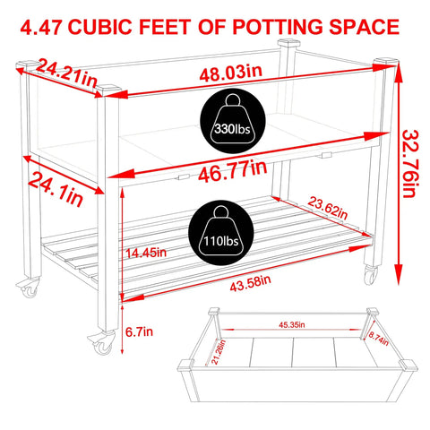 Diagram of Raised Garden Bed With Legs On Four Wheels And Brakes, With Shelf, 48 By 24 By 33 Inches Outdoor Planter Box