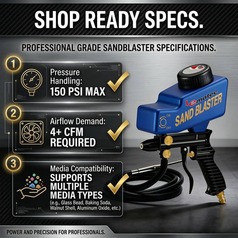Portable Sand Blaster Gun Kit For Air Compressors With Gravity Feed And Siphon Modes Ideal For Rust Removal And Glass Etching Requires At Least 4 CFM At 90 PSI For Continuous Use Max 150 PSI Not For Pancake 6 Gallon Or Smaller specifications chart and gun