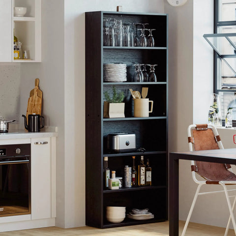 Sturdy Six Tier Floor Bookcase standing about 70 inches tall with solid build and tipover resistant design in kitchen setting.