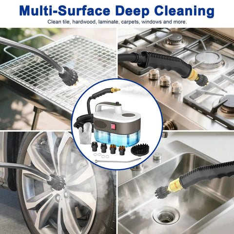 Quick Heat 10S Handheld Steam Cleaner, Chemical-Free Portable Steamer For Car, Grout, Tile, And Kitchen with multiple attachments.