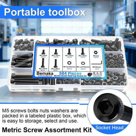 M5 Hex Socket Head Cap Screws Kit With Nuts And Washers 12.9 Grade Alloy Steel set in labeled plastic box