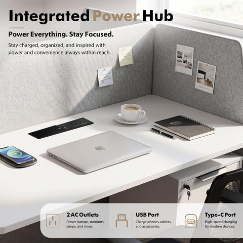 Slick Modular Office Cubicle Workstation For Teams Featuring Instant Plug And Play Power Hub with AC and USB ports on a desk.