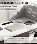 Scalable Eight Person Modular Cubicle Workstation With Plug And Play Power Outlets And Rolling Storage Drawers Featuring Actual Quiet Acoustic Panels For Zero Stress Workday Flow In Bright White with integrated power hub and desk setup.