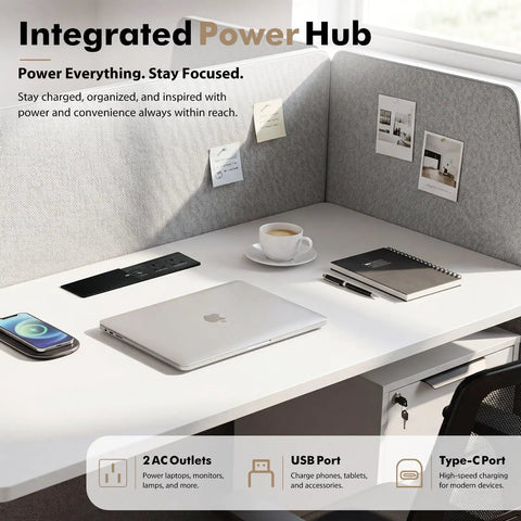Scalable Eight Person Modular Cubicle Workstation With Plug And Play Power Outlets And Rolling Storage Drawers Featuring Actual Quiet Acoustic Panels For Zero Stress Workday Flow In Bright White with integrated power hub and desk setup.
