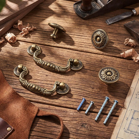 12 Piece Bail Handle Drop Pulls And Vintage Flower Cabinet Knobs In Antique Bronze Beaded Style on wooden surface