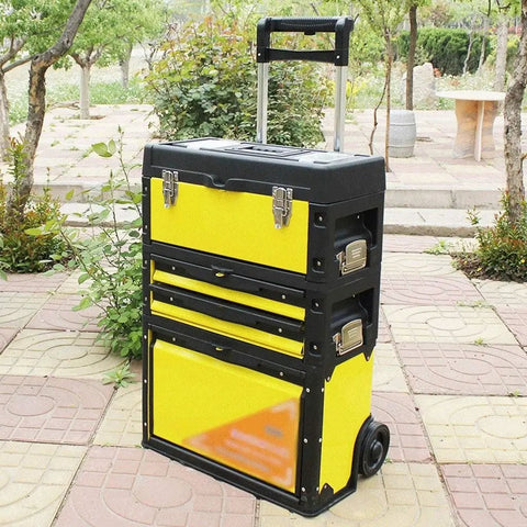 On The Go Stackable Toolbox With Rolling Wheels And Comfort Grip Handle, Heavy Duty Mobile Organizer For Tools And Gear, yellow and black