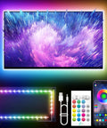 RGB LED TV backlight strip for 45–75 inch TVs, 16.4 ft, installed behind TV with remote and mobile app control