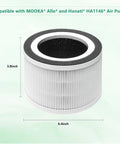 True H13 HEPA Allo Replacement Filter 2 Pack for Mooka Allo Afloia Filo and Honati Air Purifiers shown with dimensions on green background.