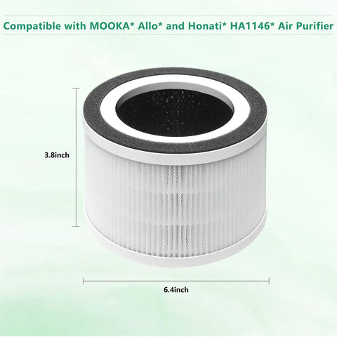 True H13 HEPA Allo Replacement Filter 2 Pack for Mooka Allo Afloia Filo and Honati Air Purifiers shown with dimensions on green background.