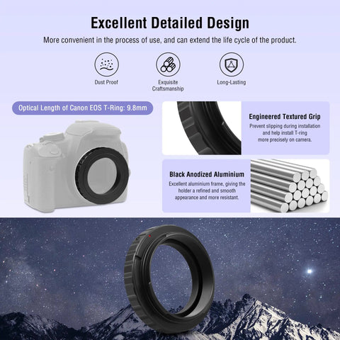 T2 Ring Adapter With 42mm Thread For Canon EOS DSLR SLR Cameras Metal T Mount Telescope Camera Adapter For Terrestrial And Celestial Imaging Astrophotography Accessories display with camera and night sky