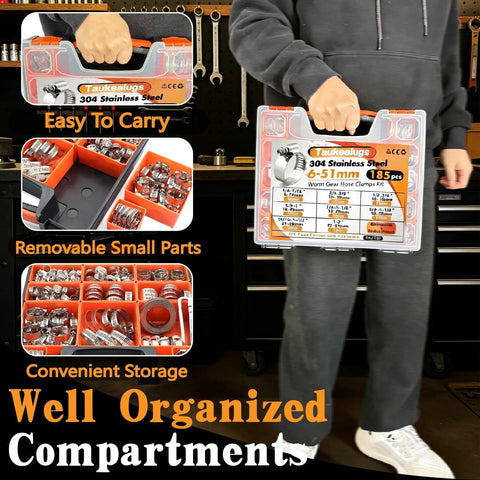 Person holding plumbing hose clamp kit case with compartments, labeled 'Plumbing Hose Clamp Kit With Stainless Steel Clips And Metal Strap, Heavy Duty 185-Piece Set, Covers 6mm To 51mm'