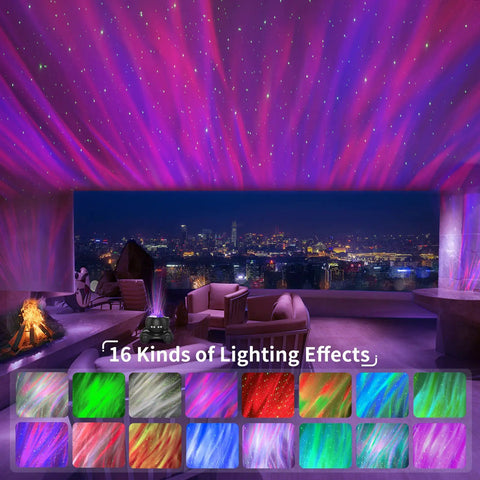 Dope 5 In 1 Galaxy Projector with aurora nebula lights creating starry ceiling effect in a modern room with city view