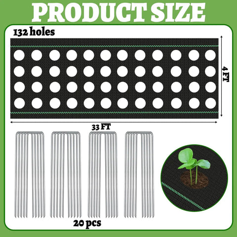 Garden Weed Barrier Fabric With Pre-Punched 132 Planting Holes For Quick No-Fuss Planting 4Ft By 33Ft Woven Geotextile Mat diagram