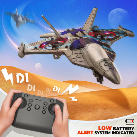 Child holding remote controlling Kids 2.4GHz RC Drone Plane With 360 Degree Flips And Sick Aerial Stunts Remote Control Airplane And Helicopter Fighter Jet Toy With Colorful LED