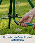 Hands adjusting Beefed Up Heavy Duty Zinc Tripod Impact Sprinkler With 360 Degree Rotation And Adjustable Height High Pressure Nozzle.