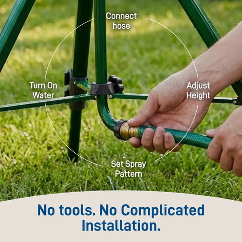 Hands adjusting Beefed Up Heavy Duty Zinc Tripod Impact Sprinkler With 360 Degree Rotation And Adjustable Height High Pressure Nozzle.