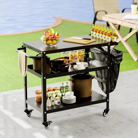 Beefy Outdoor Grill Cart With Wheels, Pizza Oven Stand And Prep Table For Patio And Backyard, Portable BBQ Cart